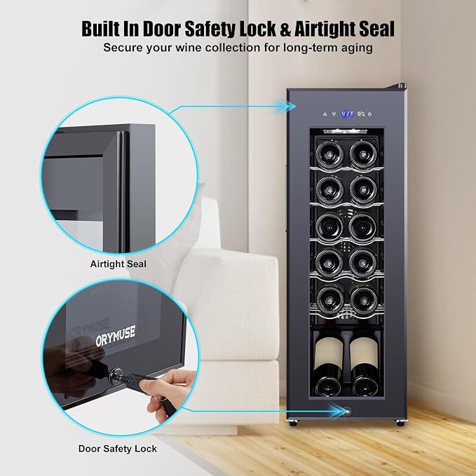 12 Bottle Mini Wine Fridge with Lock, Freestanding Compressor Wine Cooler Refrigerator, 10.7 Inch Wide Compact Wine Chiller with Glass Door, 41°F-64°F Digital Temperature Control, Black - Image 7
