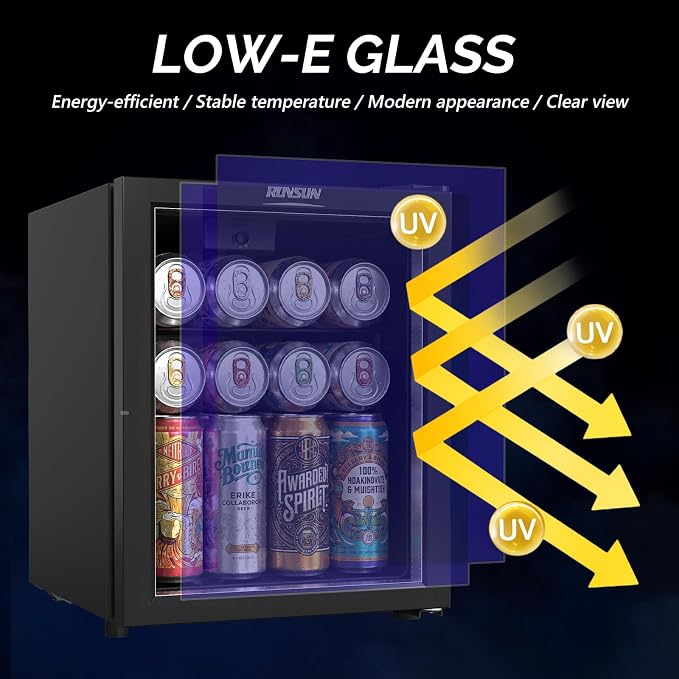 ROVSUN 46 Cans/1.0 Cu.Ft. Beverage Refrigerator Cooler, Countertop Small Fridge with Double Layer Glass Door & Adjustable Shelf for Bedroom Home, Quiet Mini Fridge for Soda Wine Beer, 43-64°F, Black - Image 4
