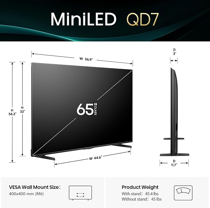 Hisense 65" Class QD7 Series Mini-LED 4K UHD Smart Fire TV (65QD7QF, 2025 Model) - QLED, HDR10+, Dolby Vision, Dolby Atmos, Game Mode Plus, ALLM, Alexa Built in with Voice Remote, Streaming TV, Black - Image 3