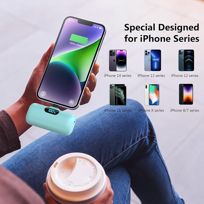 Mini Portable Charger for iPhone,5000mAh PD Fast Charging Battery Pack,LCD Display Cute Power Bank Portable Phone Charger for iPhone 14/14 Pro Max/13/13 Pro/12 Pro/11/XS/XR/X/8/7/6 (Green) - Image 2