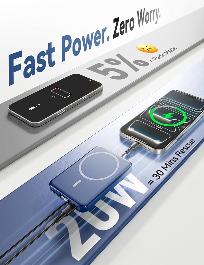 Aobbow Magnetic Portable Charger, 10000mAh for Magsafe Battery Pack, 20W Fast Charging Power Bank, Travel Essential of Wireless Charger Compatible with iPhone 17/16/15/14/13 Pro/Max/Air/Plus-DarkBlue - Image 3