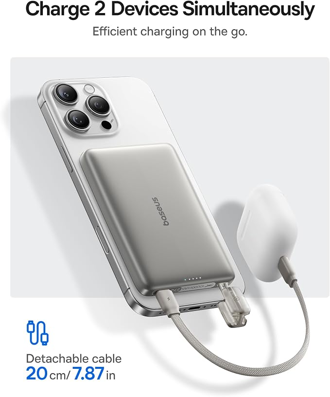Baseus Picogo Qi2 15W Magsafe Portable Charger, 0.5" Ultra Slim 10000mAh Wireless Power Bank with 27W Built-in USB-C Cable, Magnetic Battery Pack for iPhone 17 Pro Max/17 Pro/Air/16/15/14/13/12 - Image 6