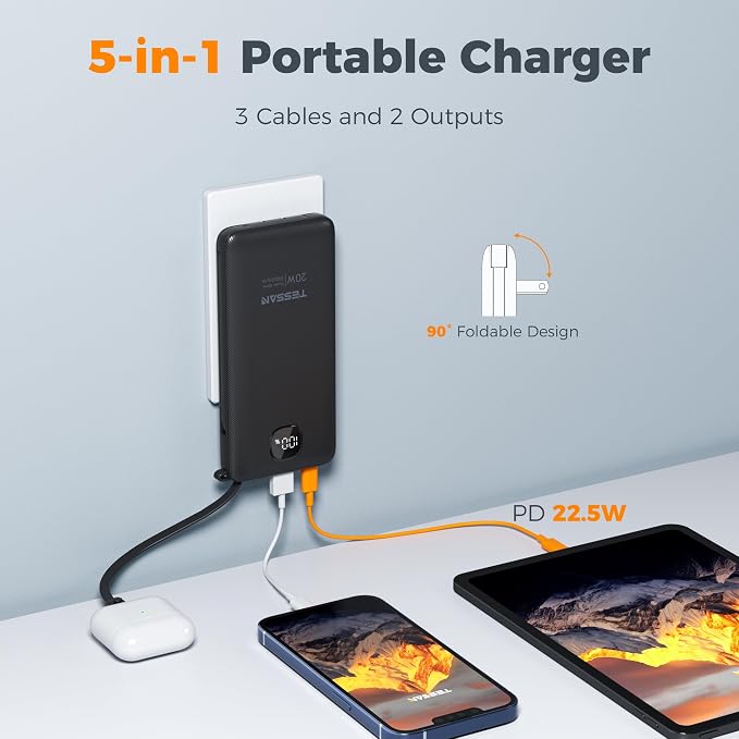 TESSAN Portable Charger with Built in Cables, 10000mAh Power Bank Fast Charging with Foldable AC Plug, PD20W Compact Battery Pack Travel Essentials for iPhone 17/16/15 Series, Samsung, Tablets, Black - Image 2