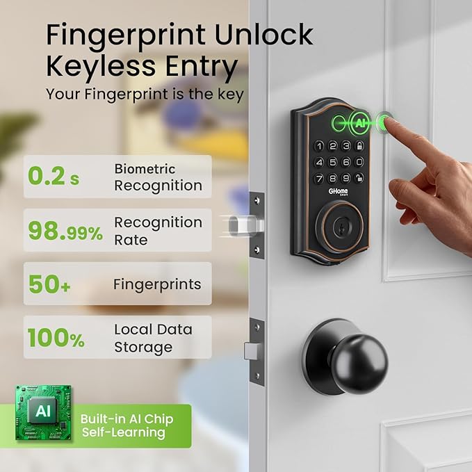 GHome Smart Deadbolt Lock, Fingerprint Code Keyless Entry Door Lock - Image 3