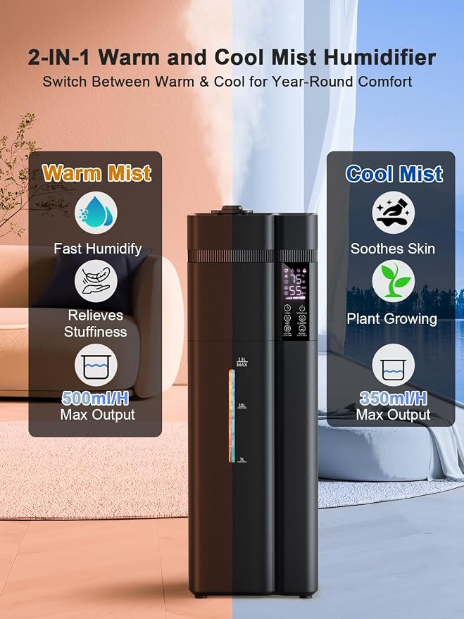 13L/3.4Gal Humidifiers for Bedroom, Ultrasonic Warm & Cool Mist Humidifier Large Room, Covers 800ft², 72H Runtime, 24H Timer, 3 Mist Modes Top Fill Quiet Humidifiers for Home, Office, Black - Image 2