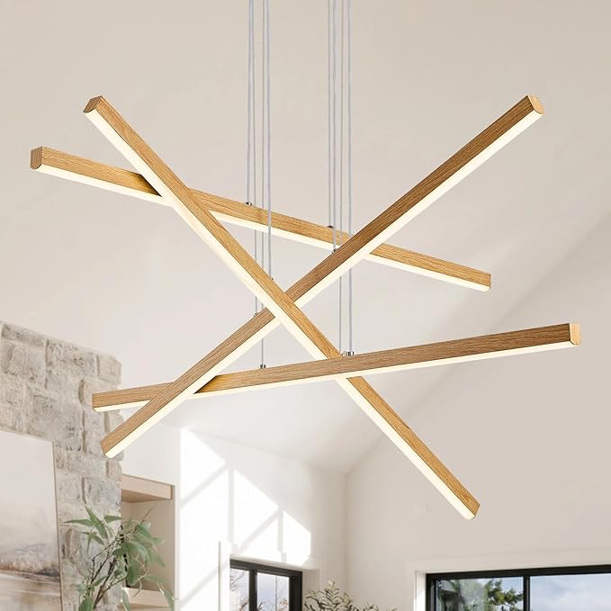 Linear Pendant Light Mdoern LED Chandelier 32" Boho Oak Wood Painted Ceiling by LUMIFLYModernChandelier