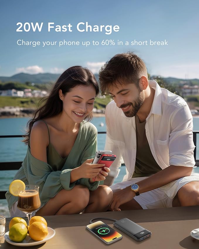 charmast 20000mAh Portable Charger with Built in Cables, 22.5W Travel Power Bank Fast Charging, USB C Cell Phone Battery Pack for iPhone 17/16/15/14/13/12 Series, iPad, Samsung, Android, Tablet - Image 4
