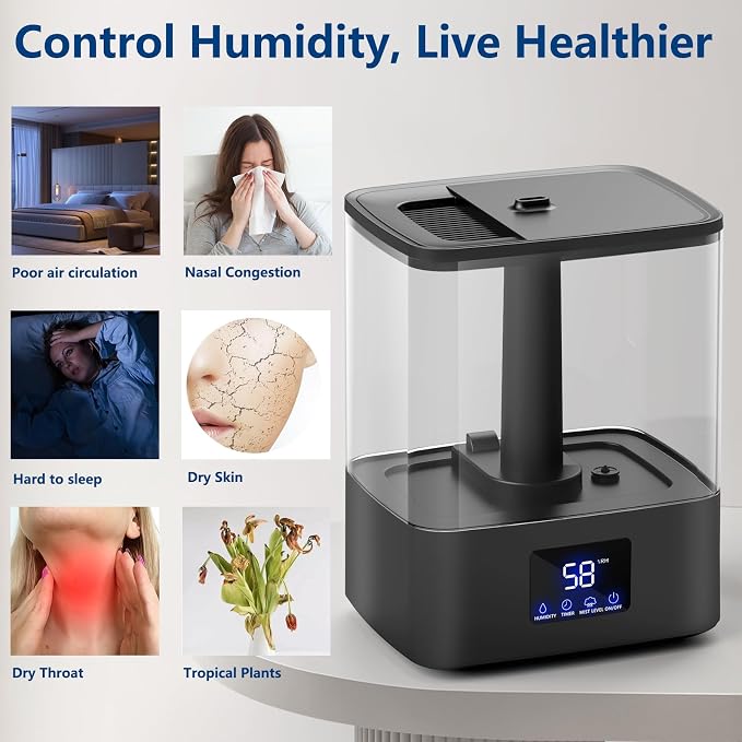 KZF 4L Top Fill Humidifiers for Bedroom & 60H Runtime - Cool Mist Humidifier, 3 Mist Levels, 8H Timer, Essential Oil Tray, Humidity Display, Quiet for Bedroom, Baby, Plants, Large Room (Black, 4L) - Image 6