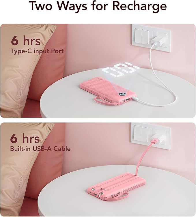 VRURC Portable Phone Charger, Travel Portable Charger with 4 Cables, 5 Outputs 2 Inputs Slim USB C Power Bank, Built-in Cables Cords for iPhone 17 16 15 14 13,Samsung,Android-Barbie Pink(1 Pack) - Image 7