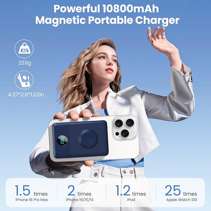Magnetic Portable Charger for MagSafe with Built-in Cable,iWatch Charger,10800mAh Wireless Power Bank Travel Essentials,25W PD Fast Charging Battery Pack for iPhone 17/16/15/14/13/12,Apple Watch-Navy - Image 2