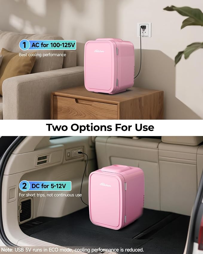 BEICHEN Mini Fridge 4 Liter/6 Can Portable Compact Refrigerator | for Bedroom Office Dorm Car, Fast Cooling, Low Noise, 100-125V AC/5-12V USB, for Skincare, Food, Drinks(Pink) - Image 4