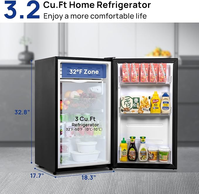 Smad Dorm Fridge 3.2 cu.ft Mini Fridge No Freezer, Compact Small Refrigerator for Office, Dorm, Apartment, Adjustable Thermostat, Single Reversible Door, Quiet & Energy Saving - Image 2