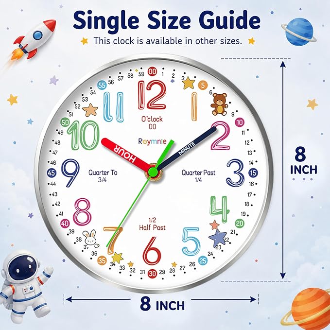 Roymnie Wall Clock Learning to Tell Time Easily Non Ticking Battery Operated - Image 5