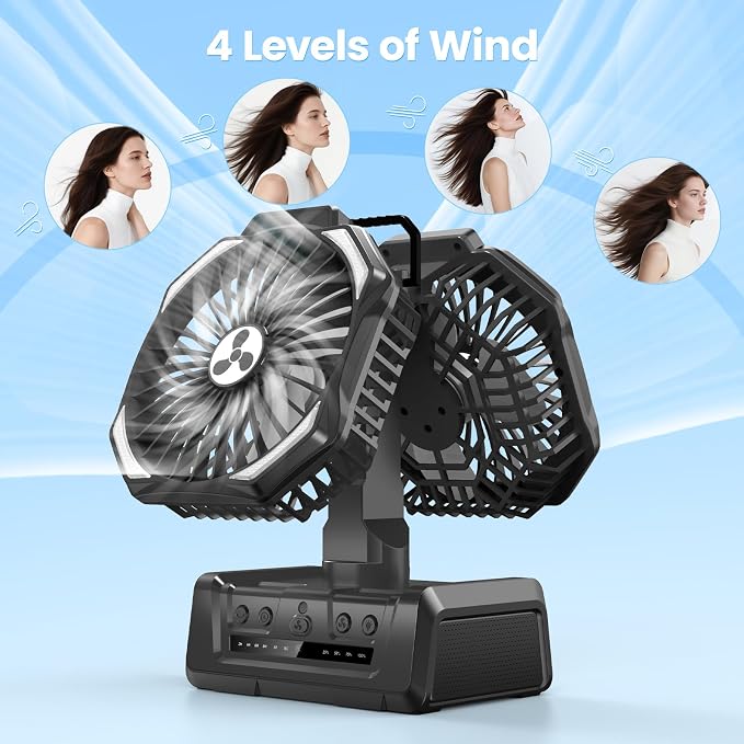Dual Head Portable Rechargeable Fan 20000mAh Battery Powered Fan Camping Cordless with 360° Air Delivery, LED Lantern & Remote, Auto Oscillation, Battery Operated for Tent Office Travel Picnic Jobsite - Image 3