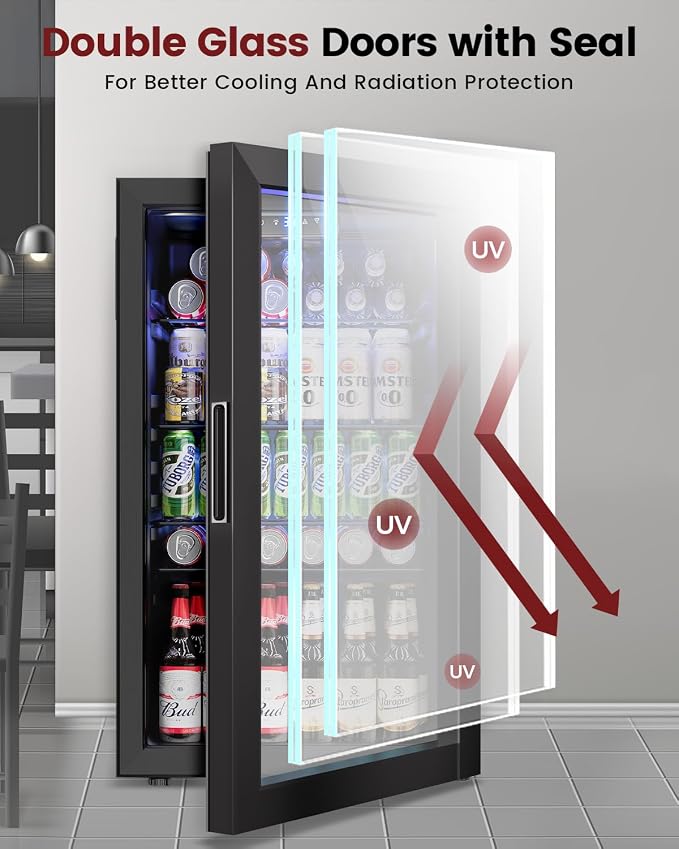 Feelfunn 26 Bottle 126 Can Wine Cooler, 3.2CuFt Mini Fridge with Glass Door | 34-64°F, <36dB, 4 adjustable shelves, for beer, soda, water in bedroom, office, home bar, dorm - Image 5