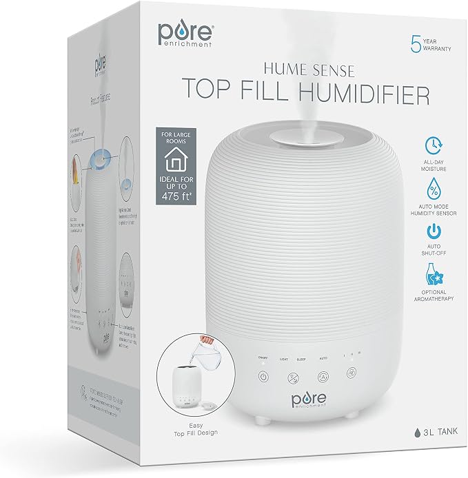 Pure Enrichment® HUME™ Sense Top Fill Humidifier – Large 3L Tank, Auto Mode Humidity Sensor, 3 Mist Settings, Optional Night Light, Optional Aromatherapy, Sleep Mode & Auto Shut-Off - Image 7