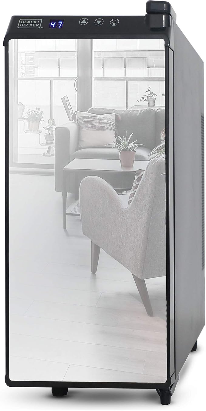 BLACK+DECKER 12-Bottle Thermoelectric Wine Chiller, BD60336, Mirrored Door | Thermoelectric Wine Cooler with Temperature Control, 12 Bottle Fridge for Reds, Whites and More, LED Display, Chrome Racks by Unknown