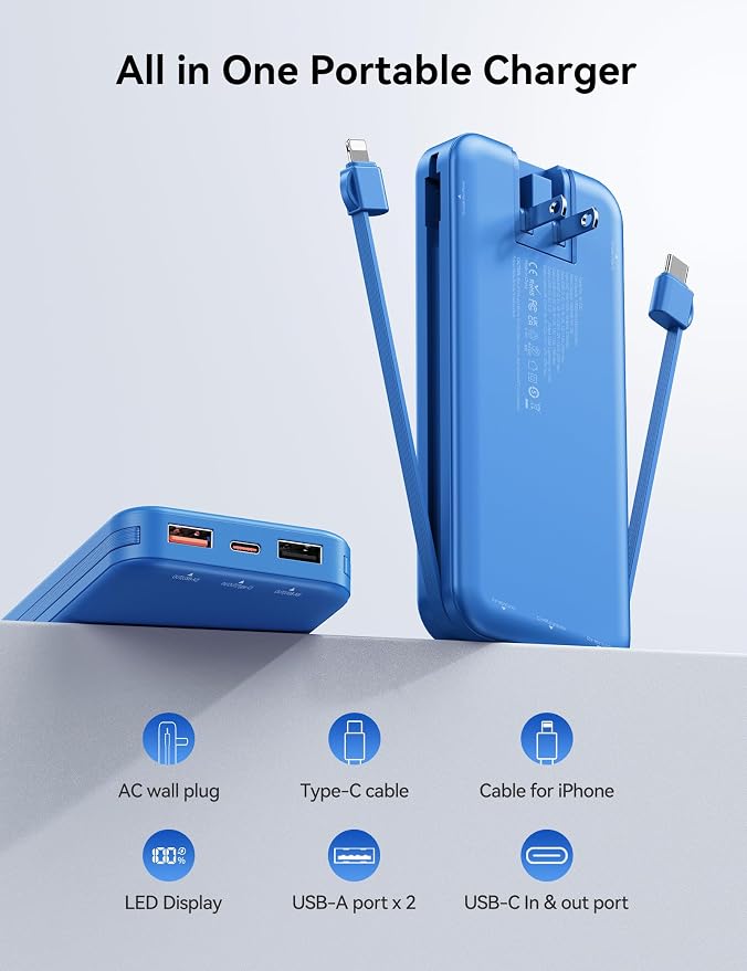 10000mAh Ultra-Portable-Charger-Power-Bank with Built in Cables&AC Wall Plug, PD20W USB-C Fast Charging Cell Phone Charger Battery Pack,LED Display Travel Battery Bank for All iPhone,Samsung,Android - Image 2