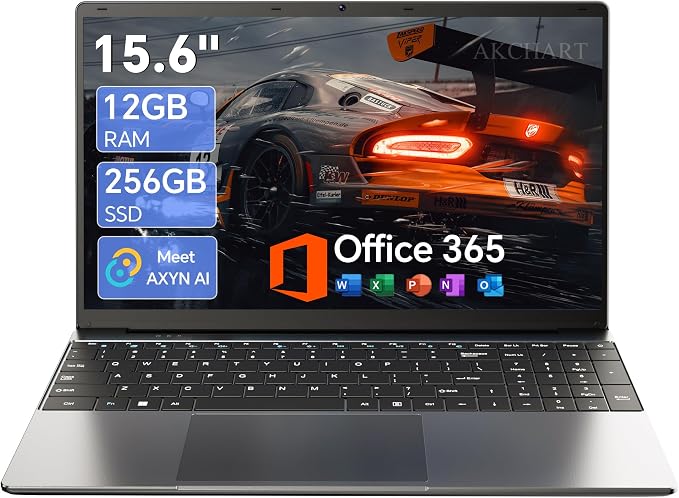 15.6'' AI Laptop with Office 365 12GB RAM 256GB SSD Win 11 Laptops | 7000mAh Battery, IPS FHD, 180°Viewing, Quad-Core Processor, Type-C, WiFi5, Portable Thin Business Student Laptops, Black by Steklo