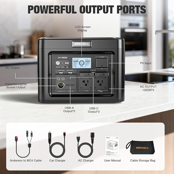 GRECELL 1200W Portable Power Statio with 200W Portable Solar Panel 23.5% High Efficiency Solar Panel, 672Wh LiFePO4 Battery Solar Generator with 9 Output Ports for Outdoor Camping, RV, Travel - Image 7