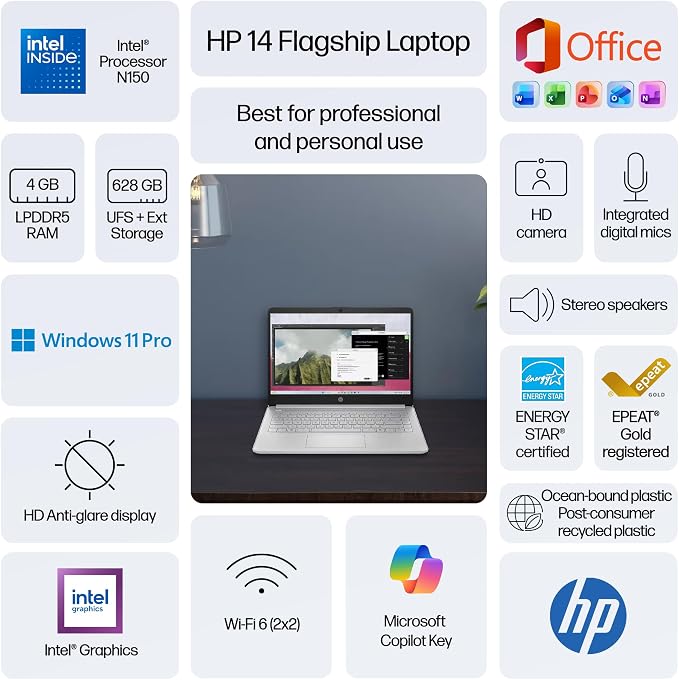 HP 14" Laptop Computer for 2026 Student Business Productivity, MS Office & Win 11 Pro, Copilot AI, Intel 4-Core CPU, 4GB DDR5 RAM, 628GB Storage (128GB UFS+500GB Ext), Wi-Fi 6, HubxcelAddon, Silver - Image 3