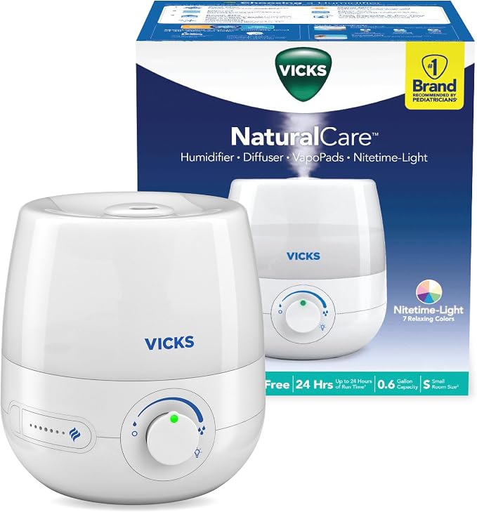 Vicks NaturalCare Cool Mist Ultrasonic Humidifier, Small Room Humidifier for Bedroom, Diffuser with Nighttime Light, Works with Vicks VapoPads, White by VicksDevices