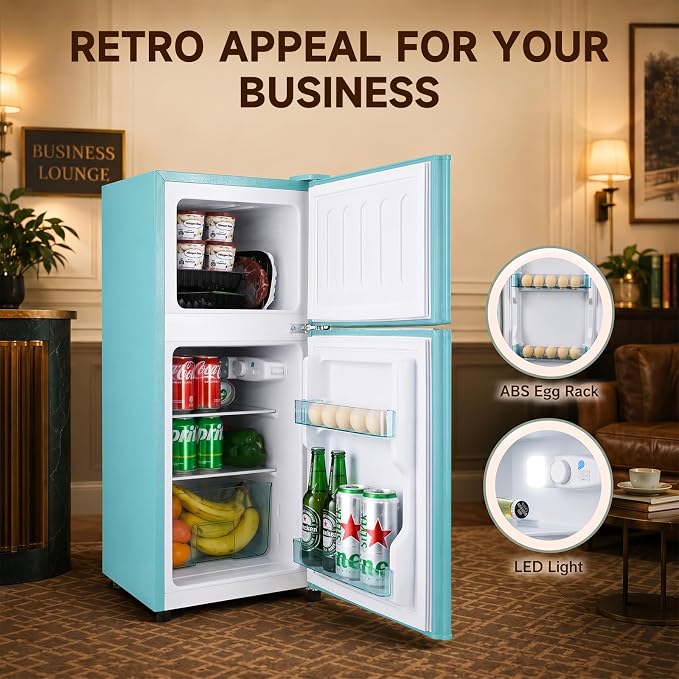 Anypro 3.2 Cu.Ft Fridge with Freezer with 2 Doors, Refrigerator with 7 Level Temperatures, LED Light, Adjustable Shelves, Food Storage Cooling Drink for Bedroom, Office, Dorm, Apartment, Green - Image 5