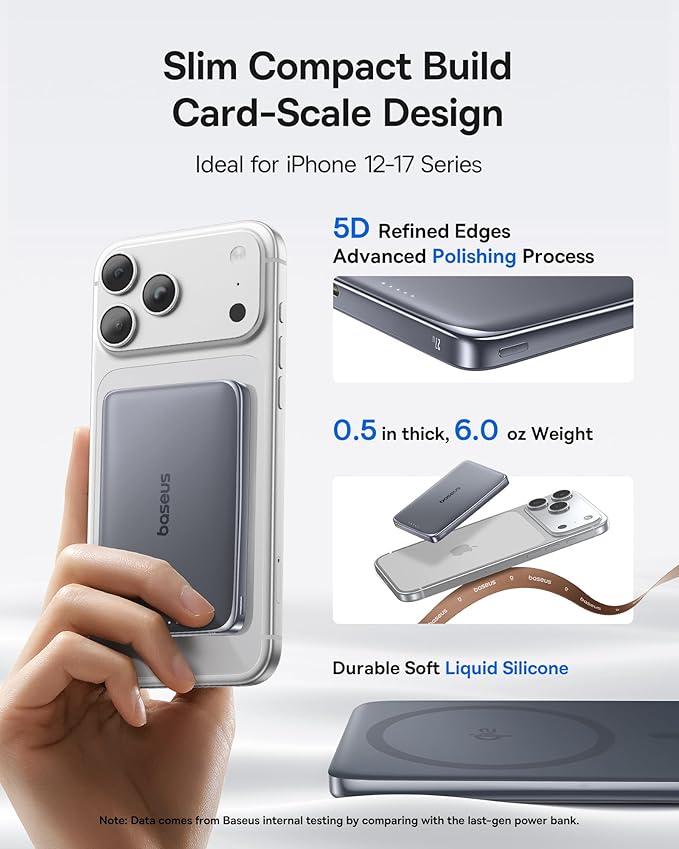 Baseus Picogo Power Bank, 0.5" Ultra Slim 10000mAh MagSafe Portable Charger, 27W Fast Charging Magnetic Battery Pack, Upgraded Polished Alloy Wireless Charger for iPhone 17 Pro Max/Air/16/15/14/13/12 - Image 2