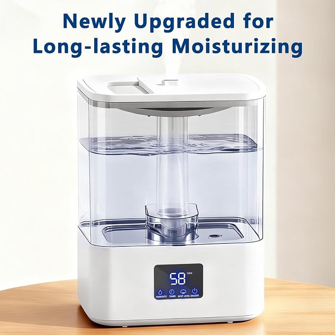 KZF 4L Top Fill Humidifiers for Bedroom & 60H Runtime - Cool Mist Humidifier, 3 Mist Levels, 8H Timer, Essential Oil Tray, Humidity Display, Quiet for Bedroom, Baby, Plants, Large Room (White, 4L) - Image 3