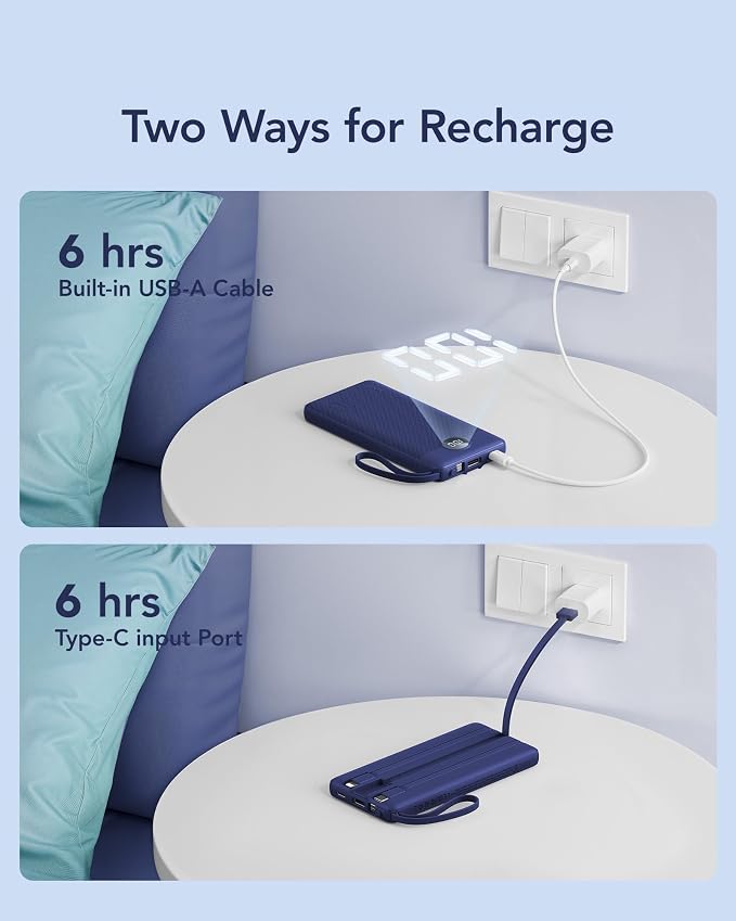 VRURC Portable Charger for iPhone, USB C Power Bank 10000mAh, Slim Travel Battery Pack with Built in Cables, 5 Outputs 2 Input Portable Phone Charger for iPhone 17 16 15 14 13, Samsung, Android-Navy - Image 7