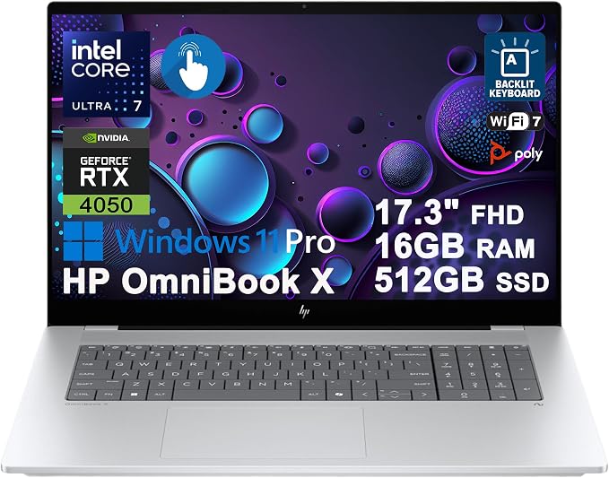 HP OmniBook X AI Laptop 17.3" FHD Touch Intel 8-core Ultra 7 256V 47 AI Tops 16GB RAM 512GB SSD GeForce RTX 4050 Thunderbolt Backlit Wi-Fi7 for Creator Designer Business Professional Win11Pro ICP Hub by HP