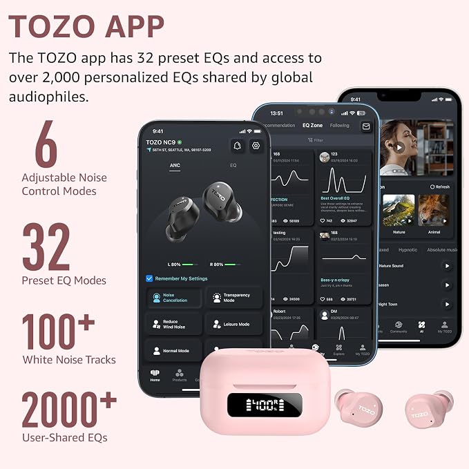 TOZO NC9 Hybrid Active Noise Cancelling Wireless Earbuds, 60H, LED Display | 6 Mic ENC Clear Calls, Deep Bass Sound, IPX8, in Ear Bluetooth 5.3 Headphones,32 EQs via APP, Comfort Fit Ear Buds, Pink - Image 6