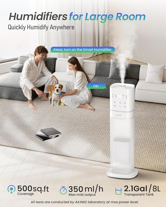 Smart Humidifier Large Room, 2.1Gal/8L Humidifiers for Bedroom with Extended Tube&Night Light, Whole House Cool Mist Humidifiers, WIFI App&Voice Control, School/Office/Warehouse, White - Image 2