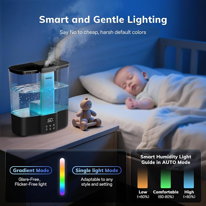 Geek-Level Aeocky Humidifier for Baby, Quiet Ultrasonic Humidifiers for Bedroom, Nursery with Ambient Light, 4L Top-Fill Cool Mist Diffuser with Timer, Sleep, Auto, Constant Humidity Mode (Black) - Image 6