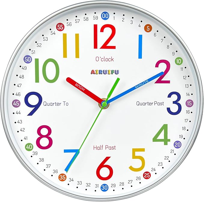 Wall Clock for Kids Learning Tell Time Easily Non-Ticking Battery Operated Kids by AIRUIFU