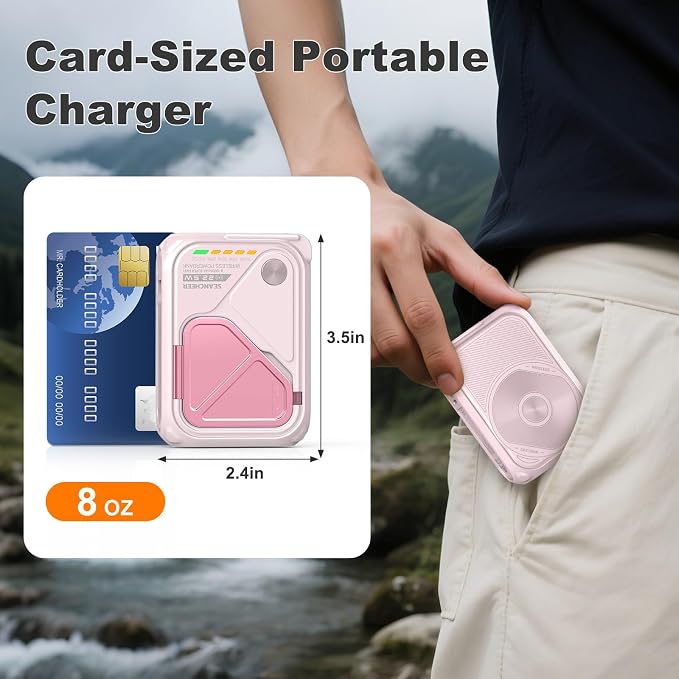 P05 Portable Charger, Magnetic Power Bank, Small Wireless PowerBank,Emergency Battery Pack 10000mAh Travel Essentials Fast Charging with Built in Cable, Wall Plug for iPhone,Samsung,Andriod (Pink) - Image 7
