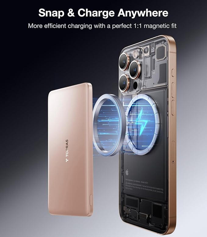 TORRAS MiniMag Power Bank, Ultra Slim 5,000mAh Wireless Portable Charger with USB-C Cable, Fast Charging iPhone Air MagSafe Battery Pack, Compatible Charger for iPhone 17/16/15/14/13/12, Desert Gold - Image 5