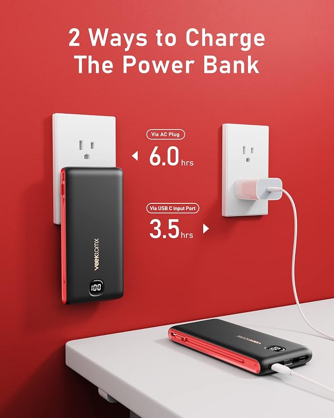 VEEKTOMX Portable Charger with Built in Cables 10000mAh, Power Bank for iPhone with AC Wall Plug, Fast Charging USB C Slim Battery Pack with LED Display Compatible with iPhone 17/16/15/14, Samsung - Image 4