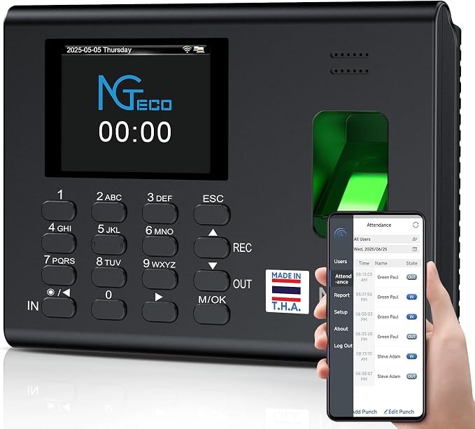 NGTeco APP-Based Time Clock for Employees Small Business, Automatic Fingerprint by NGTeco