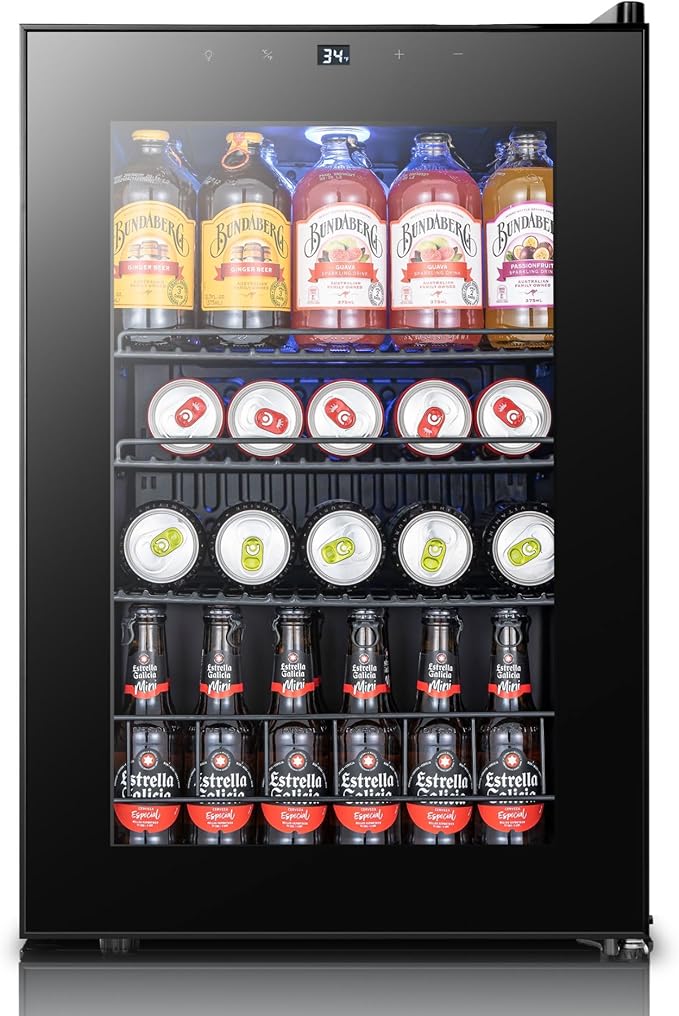 Yeego Beverage Refrigerator Drink Cooler, 85 Cans Mini Fridge Glass Door | Soda Wine Beer Cooler, 34°F To 54°F Temperature Control, for Home Office Bar, Adjustable Shelves,Freestanding, Black by Yeego
