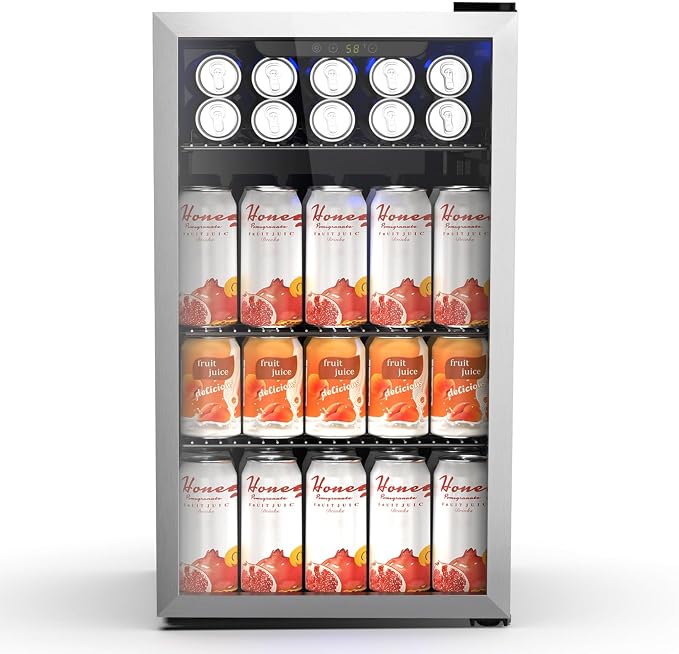 Electactic 130 Can Beverage Refrigerator Built In Freestanding Wine Fridge with Stainless Steel Reversible Glass Door, Quiet Compressor LED Touch Control for Home Kitchen Bar, 3.2 Cu.ft Silver by Electactic