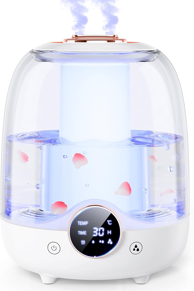 Humidifiers for Bedroom, 3L Tank for 30H 20dB Quiet Mist Time, Dual Nozzles, LED Lights, Smart Timer (2/4/8 Hours), Auto Shut-Off, Perfect for Baby and Large Rooms (White) by MRWALK