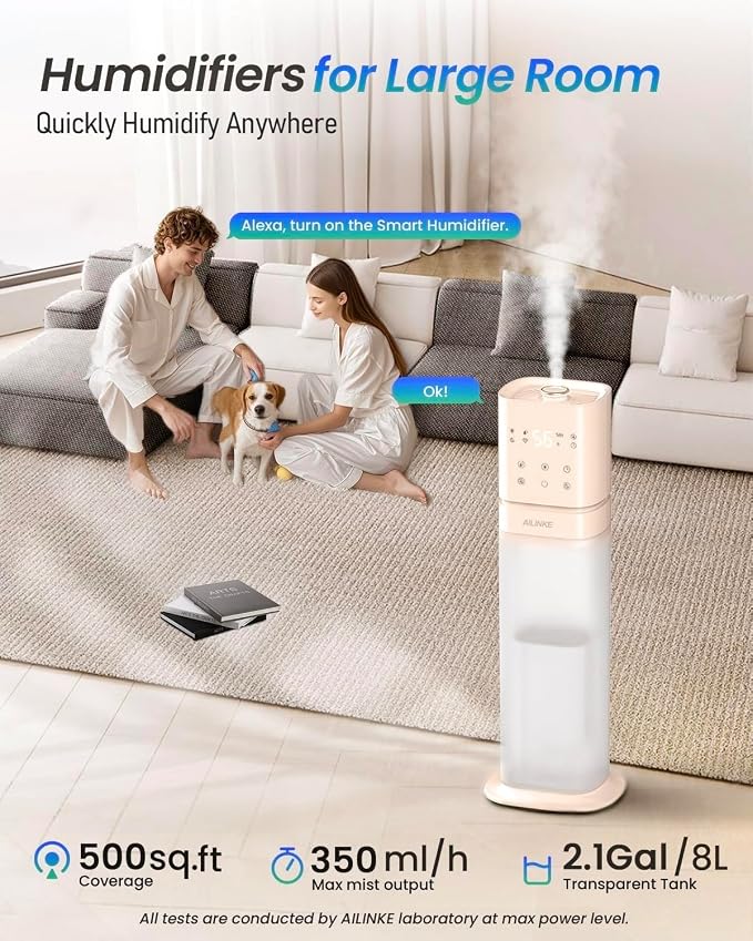 Smart Humidifier Large Room, 2.1Gal/8L Humidifiers for Bedroom with Extended Tube&Night Light, Whole House Cool Mist Humidifiers, WIFI App&Voice Control, Home/Kids/Baby, Pale Pink - Image 2