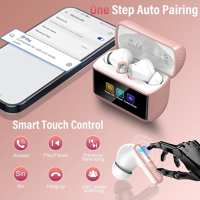 Wireless Earbuds, Touch Screen Case, ANC/ENC Noise Cancelling, 48H, Rosa | Touch Screen Controls, 5 EQ Modes, Bluetooth 5.4, HiFi Stereo, Transparency Mode, IPX7 Waterproof, All-Day Comfor - Image 7
