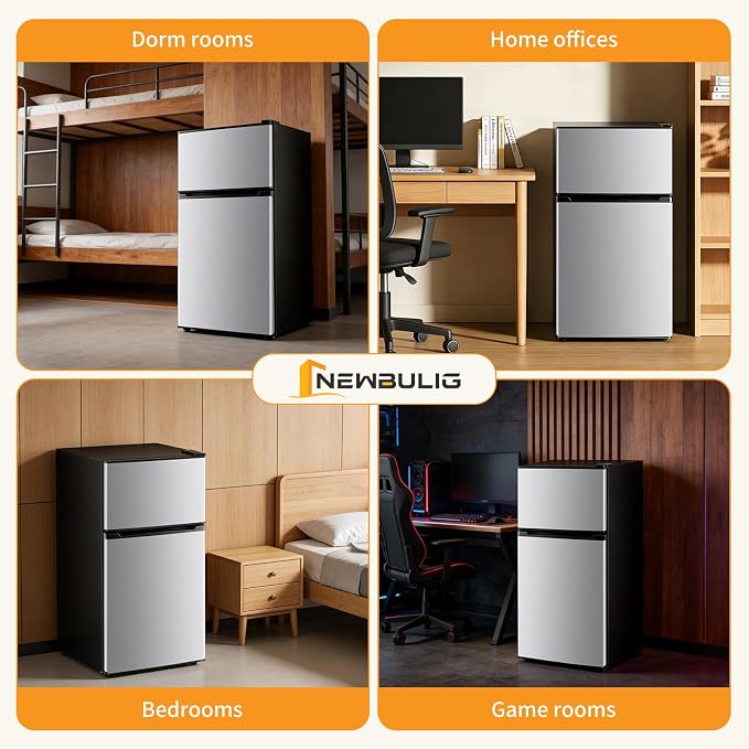 NEWBULIG Mini Fridge with Freezer 3.2 Cu.Ft Small Refrigerator for Office, Dorm, Small Fridge with Adjustable Thermostat, Energy Saving, Dual Door, Sliver - Image 2