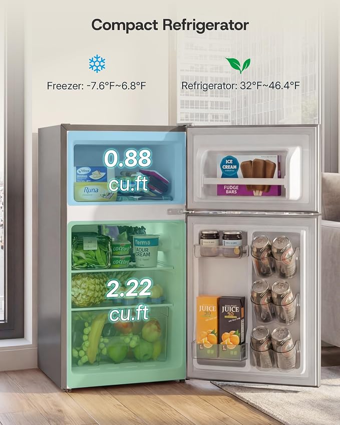 Upstreman 3.1 Cu.Ft Mini Fridge with Freezer, Double Door Small Refrigerator, Adjustable Thermostat, Energy Star Certified Low Noise Mini Refrigerator for Bedroom, Dorm, Apartment Silver-TM31 - Image 4