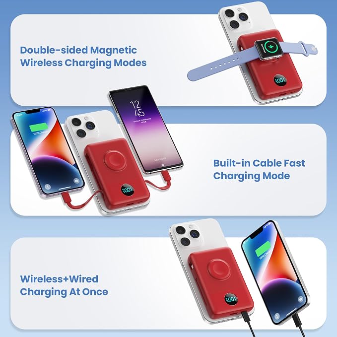 Magnetic Portable Charger for MagSafe with Built-in Cable,iWatch Charger,10800mAh Wireless Power Bank Travel Essentials,25W PD Fast Charging Battery Pack for iPhone 17/16/15/14/13/12,Apple Watch-Red - Image 4