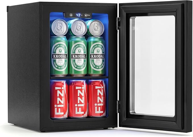 COSTWAY 24 Cans Beverage Refrigerator, 18L/0.6 Cu.Ft Countertop Mini Fridge | Quiet Drink Cooler with Touch Panel, 40-61℉ Thermostat, Tri-Layer Insulated Door and Blue LED Lights for Home Office & Bar by COSTWAY