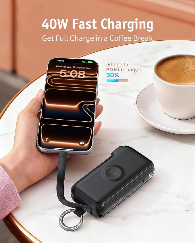 RORRY Flow Portable Charger, 10000mAh 40W Fast Charging Power Bank with Built-in USB C Cable and Foldable Wall Plug, Battery Pack Travel Essentials for iPhone 17/16/15, Apple Watch, iPad, MacBook - Image 4