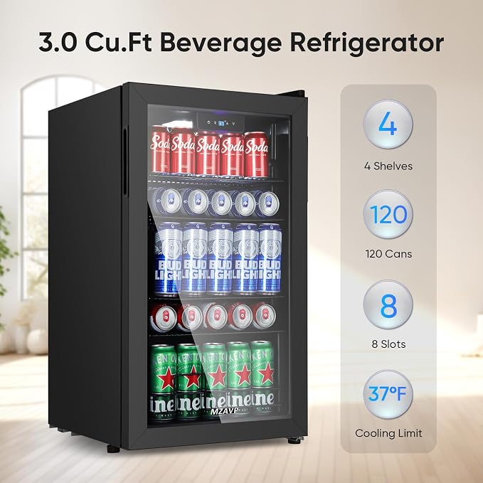 120 Can Beverage Refrigerator, Freestanding Beverage Cooler with Digital Temperature Display, Mini Drink Beer Soda Fridge for Office or Bar, White Indicator Light & Reversible Door - Black - Image 2